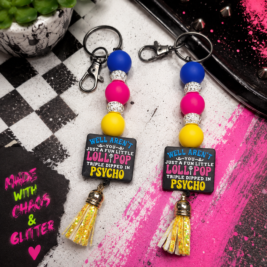 Funny Psycho Lollipop Beaded Keychain | Blue Pink Yellow Handmade Silicone Bead Keychain | Sarcastic Gift for Friends & Coworkers