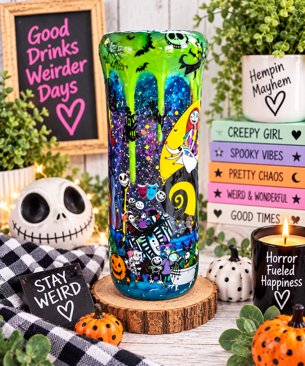Halloween Glitter Tumbler, Stainless Steel Cup with Epoxy Finish and Metal Straw