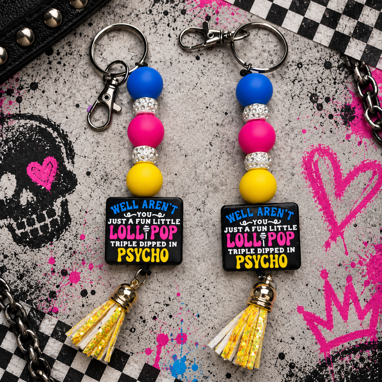 Funny Psycho Lollipop Beaded Keychain | Blue Pink Yellow Handmade Silicone Bead Keychain | Sarcastic Gift for Friends & Coworkers