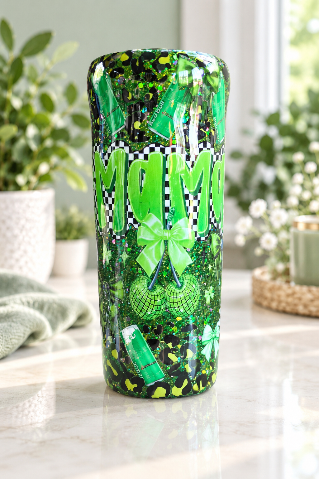 Green Glitter Mom Tumbler | Sassy Mama Cup | Lime Green & Black Checkered Tumbler | Cherry Bow Tumbler | Handmade 20oz Epoxy Cup