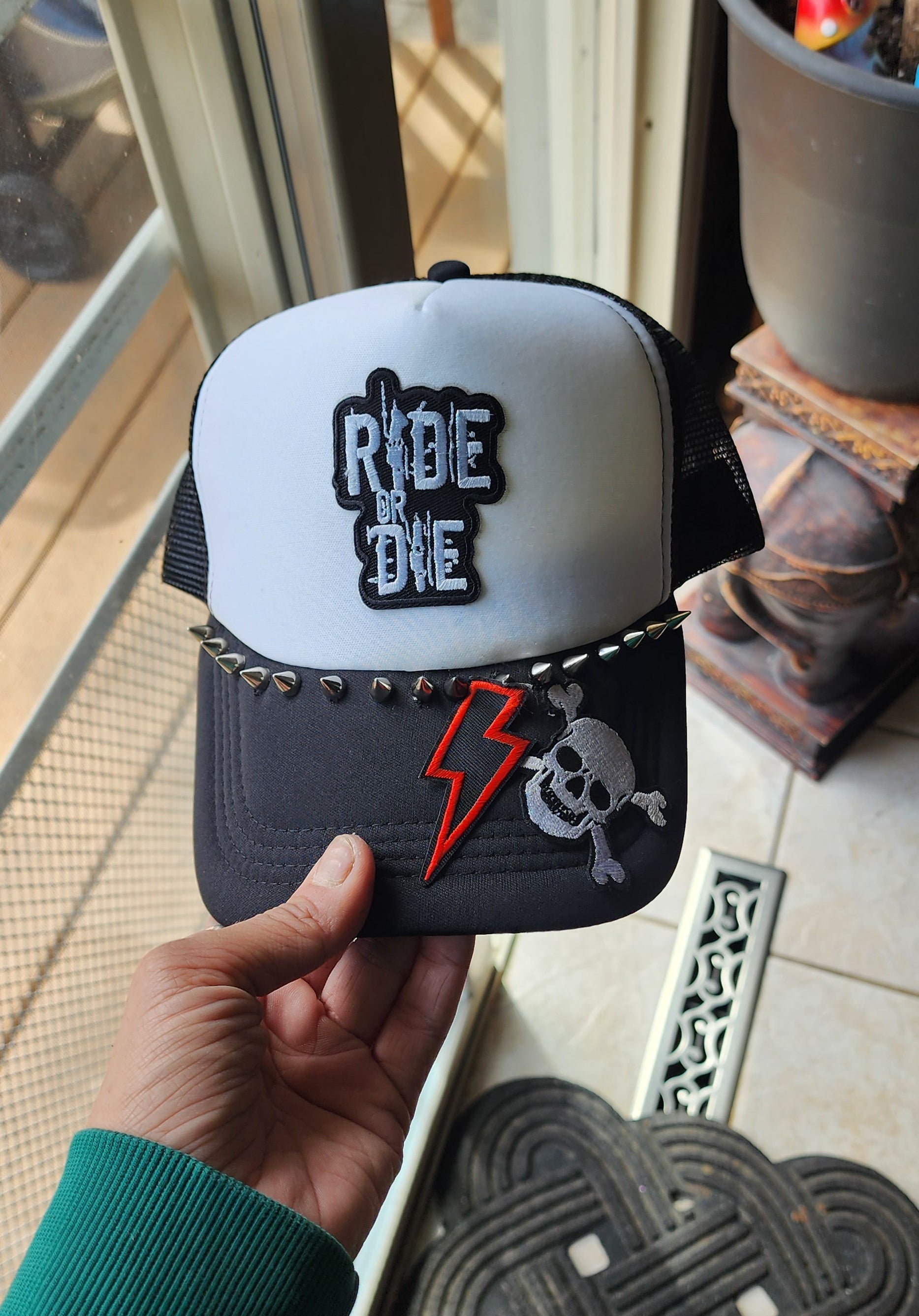 Ride or Die Trucker Hat – Black & White Studded Patch Hat, Edgy Snapback Cap, Biker Western Graphic Trucker Hat