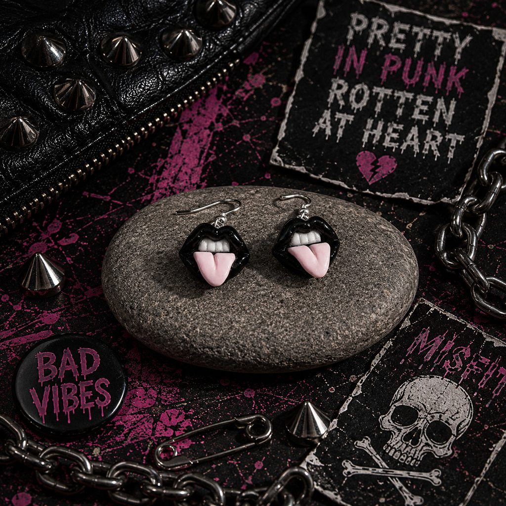 Goth Tongue Out Earrings: Handmade Polymer Clay, Edgy Jewelry