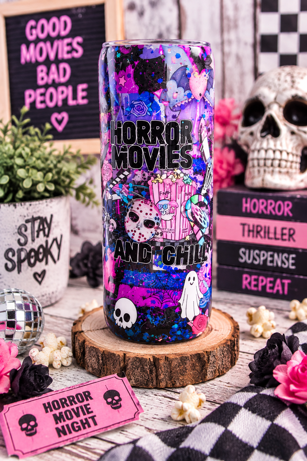 Horror Movies & Chill Tumbler – Handmade Glitter Epoxy Horror Movie Cup | Spooky Gothic Drinkware | Horror Lover Gift