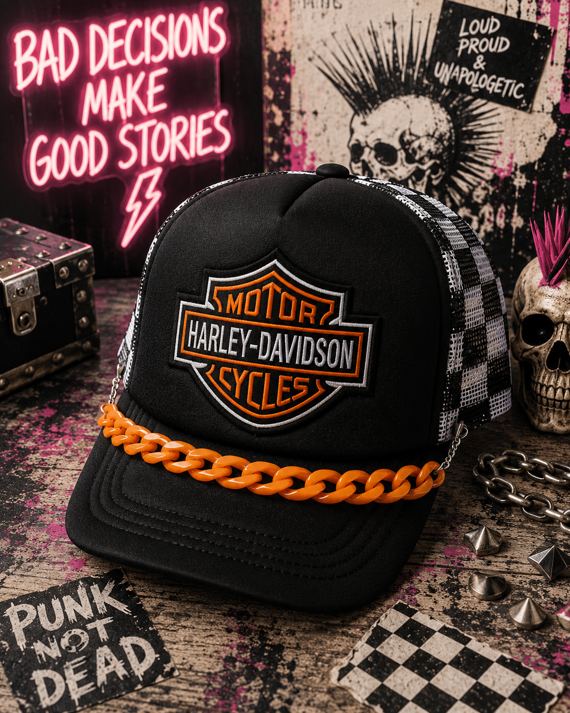 HD Checkered Trucker Hat – Black & White Snapback with Orange Hat Chain, Edgy Biker Hat, Western Streetwear Cap