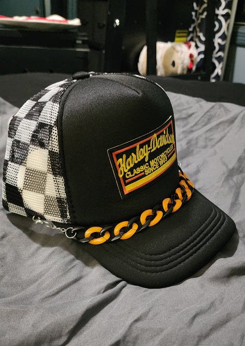 Biker Trucker Hat – Edgy Snapback Cap, Motorcycle Inspired Streetwear Hat, Checkered Western Style Mesh Hat