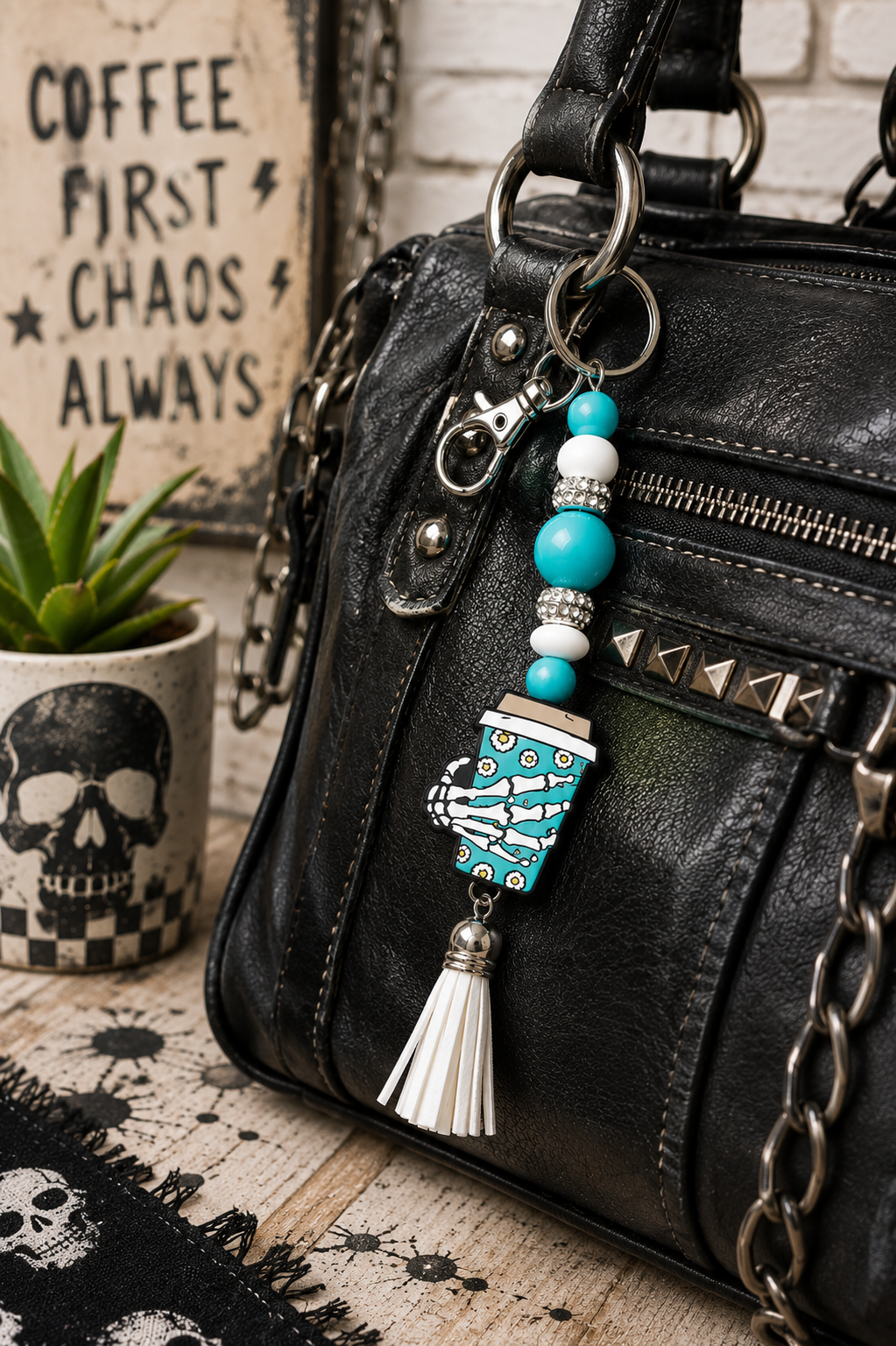 Turquoise & White Skull Hand Coffee Mug Keychain | Handmade Gothic Beaded Keychain | Spooky Coffee Lover Gift | Halloween Bag Charm | Alternative Accessory