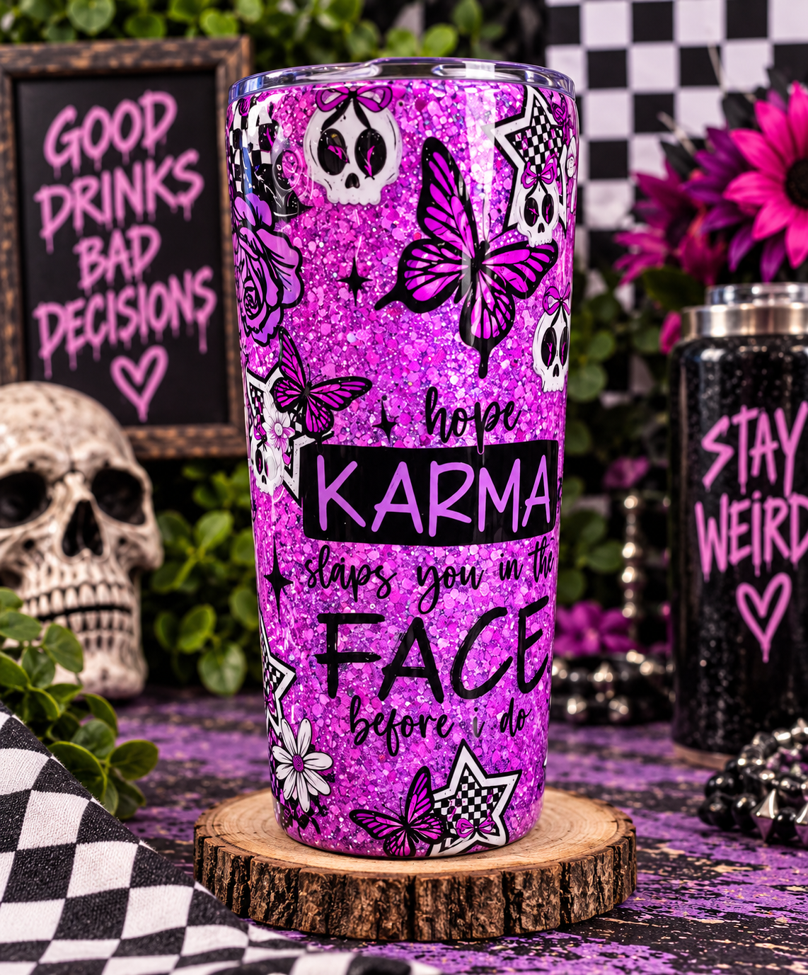 Purple Skull Butterfly Tumbler, 20oz Glitter Epoxy Tumbler, Karma Quote Cup, Spooky Alternative Drinkware, Gothic Gift, Handmade Tumbler