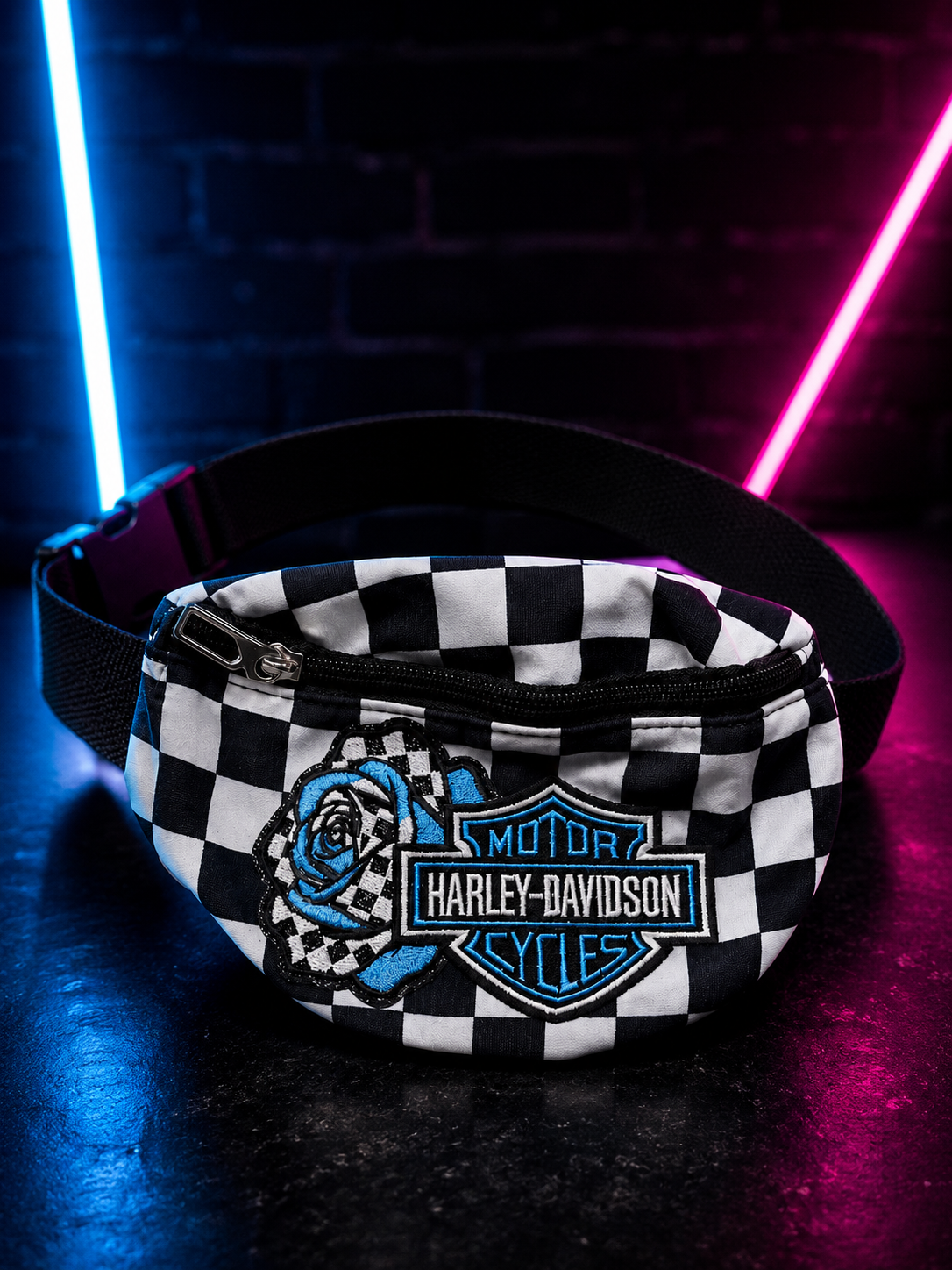 Blue & Black Checkered Bum Bag with Embroidered Motorcycle-Inspired Patch | Adjustable Waist Pack | Festival Bag | Crossbody Fanny Pack | Alternative Style