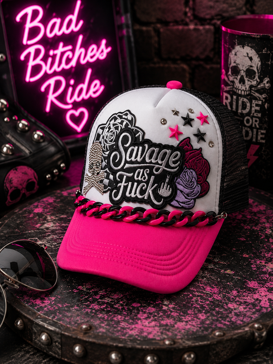 Savage As F*** Trucker Hat – Pink Black & White Snapback with Hat Chain, Sassy Patch Hat, Edgy Biker Babe Cap