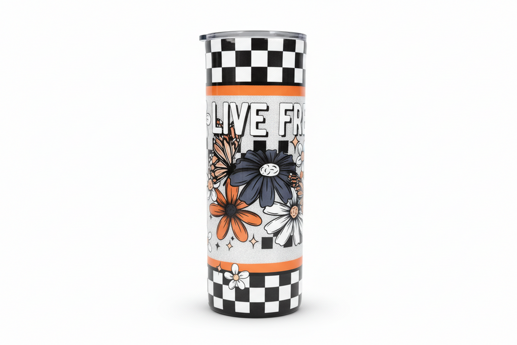 Live Free Floral Glitter Tumbler | 20oz Stainless Steel Epoxy Cup | Silver Sparkle Insulated Drinkware