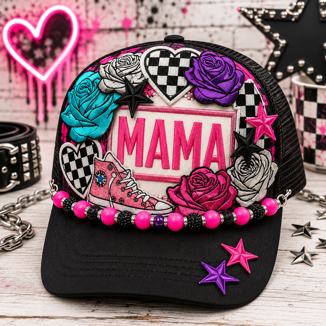 Mama Trucker Hat – Pink & Black Mesh Snapback Cap, Trendy Mom Hat, Cute Western Streetwear Trucker Hat
