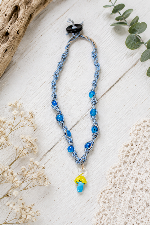 Boho Hemp Necklace with Glass Mushroom Bead | Light Blue & Gray Adjustable Hemp Cord Necklace | Cottagecore Jewelry | Nature Lover Gift | Handmade