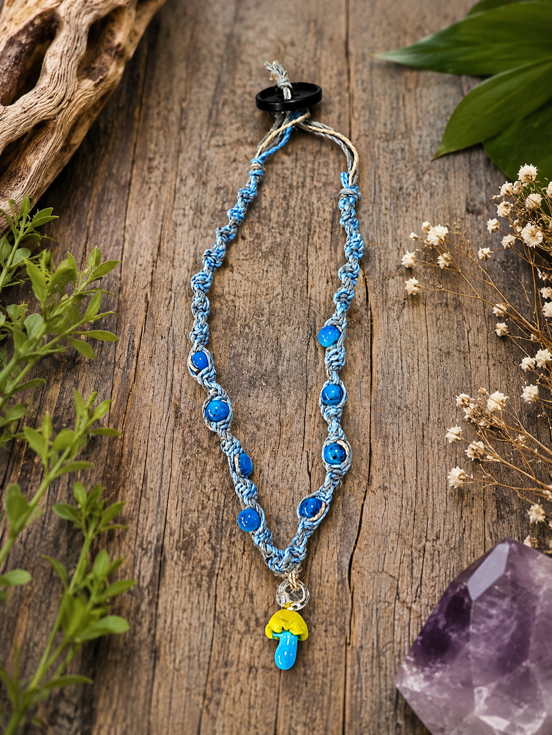 Boho Hemp Necklace with Glass Mushroom Bead | Light Blue & Gray Adjustable Hemp Cord Necklace | Cottagecore Jewelry | Nature Lover Gift | Handmade