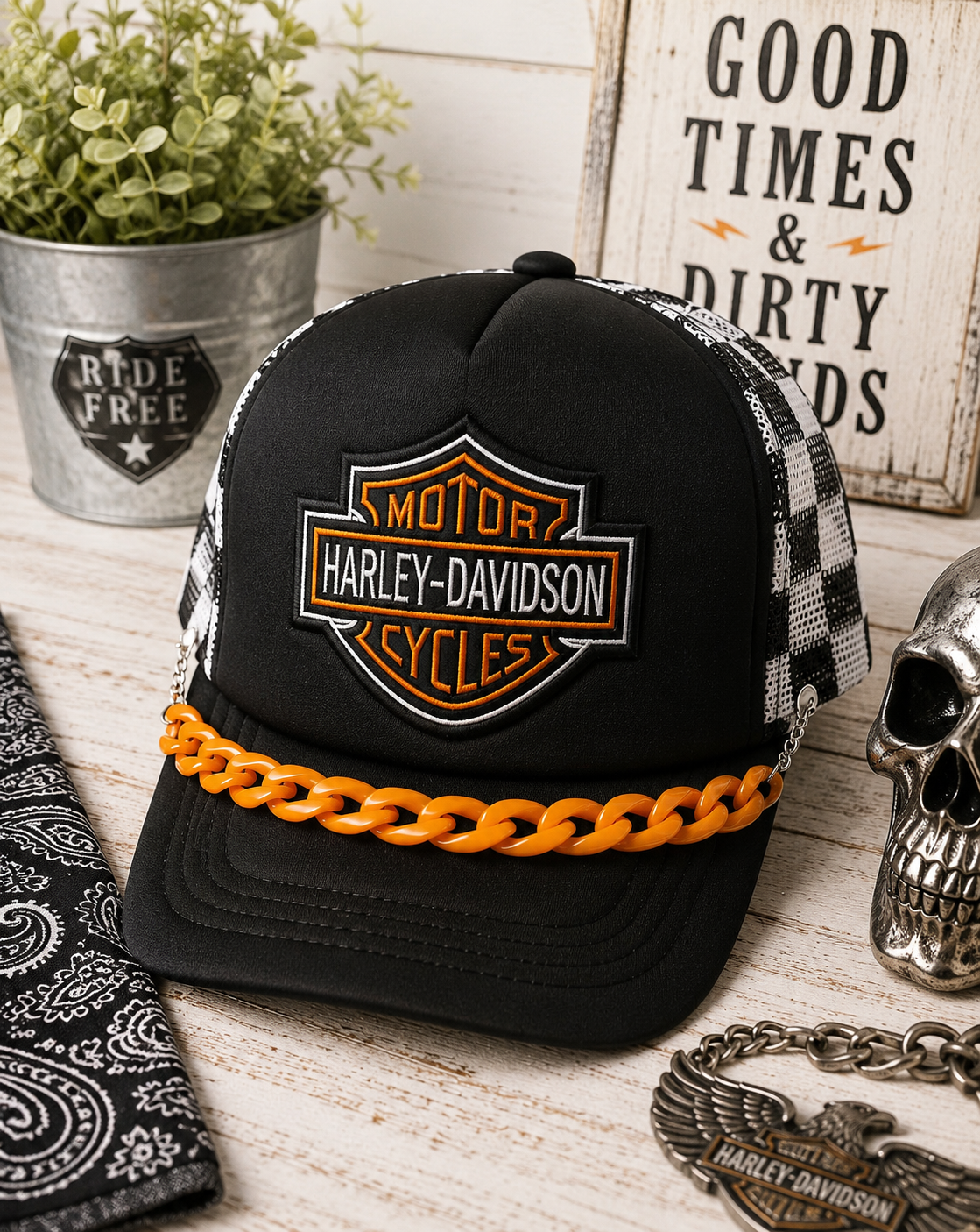 HD Checkered Trucker Hat – Black & White Snapback with Orange Hat Chain, Edgy Biker Hat, Western Streetwear Cap