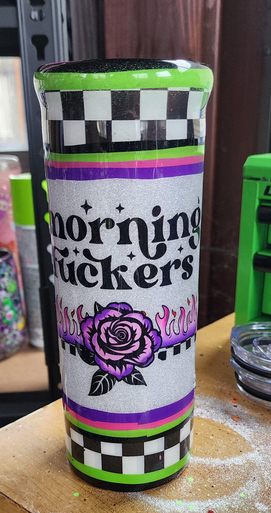 Morning Vibes Checkered Tumbler 20oz Stainless Steel Epoxy Cup, Green Purple Black Silver Glitter Coffee Cup, Funny Sassy Drinkware