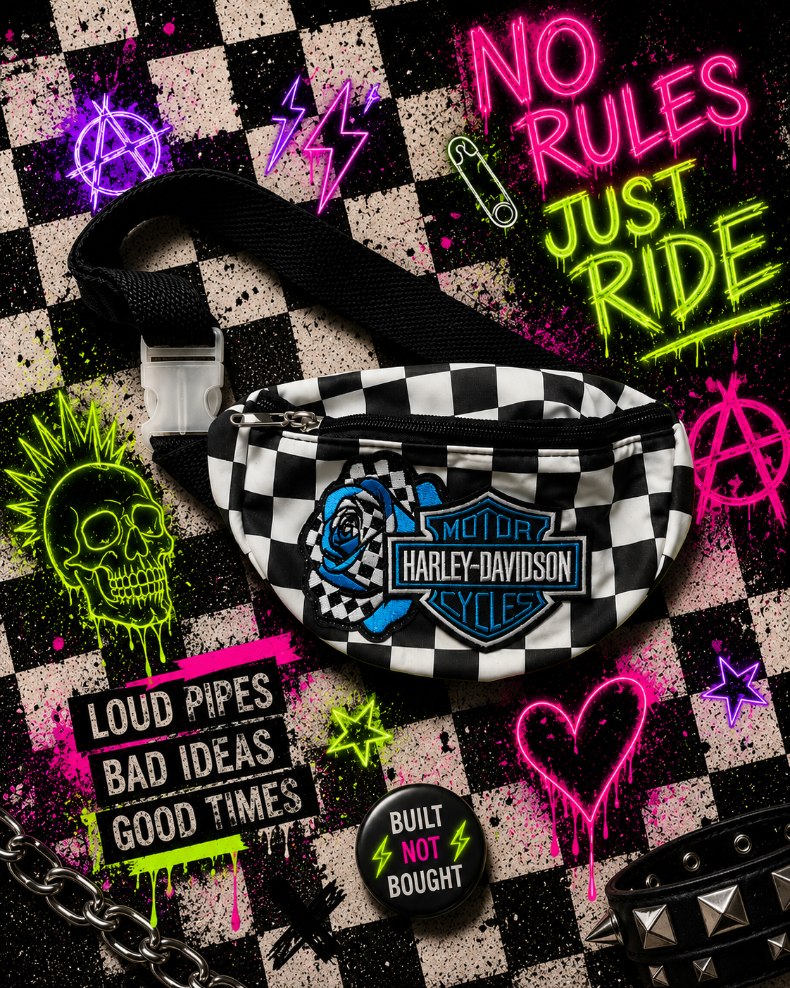 Blue & Black Checkered Bum Bag with Embroidered Motorcycle-Inspired Patch | Adjustable Waist Pack | Festival Bag | Crossbody Fanny Pack | Alternative Style