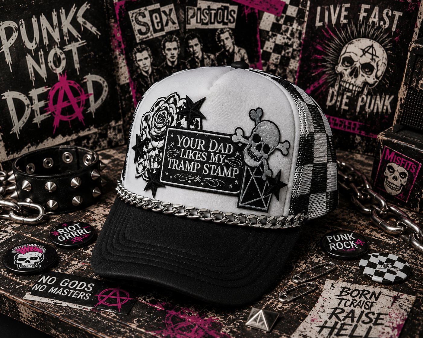 Your Dad Likes My Tramp Stamp Black and White Checkered Trucker Hat | Funny Snapback Hat | Retro Mesh Cap | Sarcastic Gift for Her