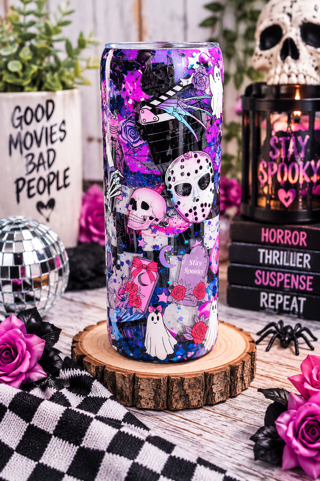 Horror Movies & Chill Tumbler – Handmade Glitter Epoxy Horror Movie Cup | Spooky Gothic Drinkware | Horror Lover Gift
