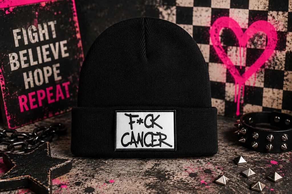 A black knit beanie hat with a white rectangular patch on the front that reads 'F*CK CANCER' in black handwritten-style text. The beanie is photographed in a styled studio setup with studded accessories, a pink heart graphic, and a sign reading 'FIGHT BELIEVE HOPE REPEAT' in the background.