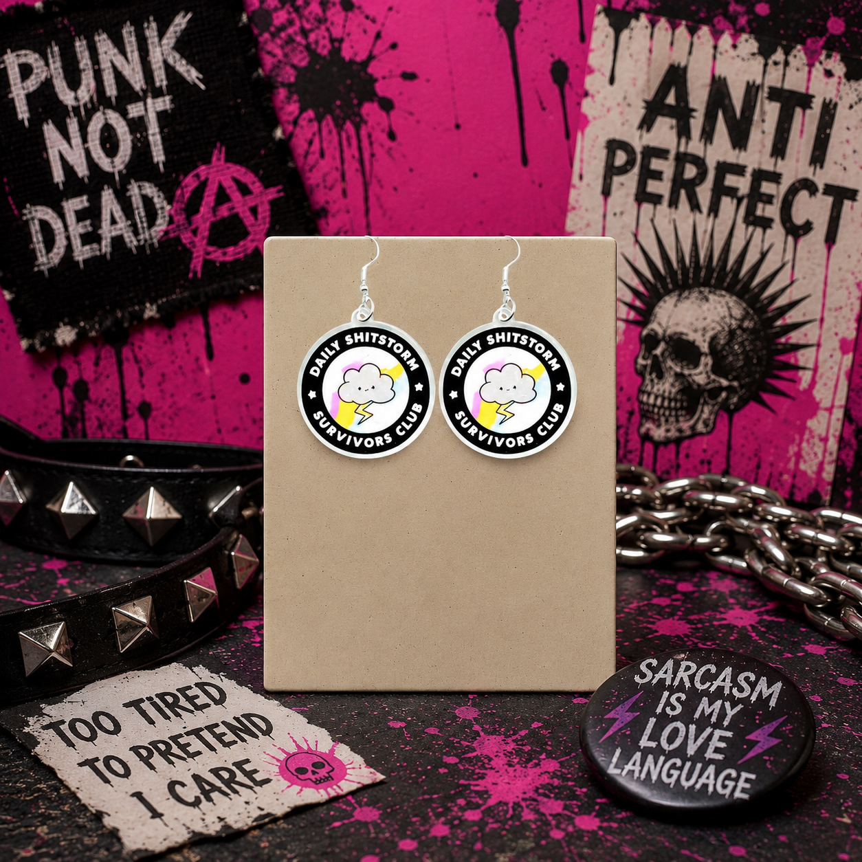 Daily Sh*tstorm Survivor Club Earrings | Funny Cloud & Lightning Acrylic Dangle Earrings | Burnout Queen Gift | Rainbow Statement Earrings