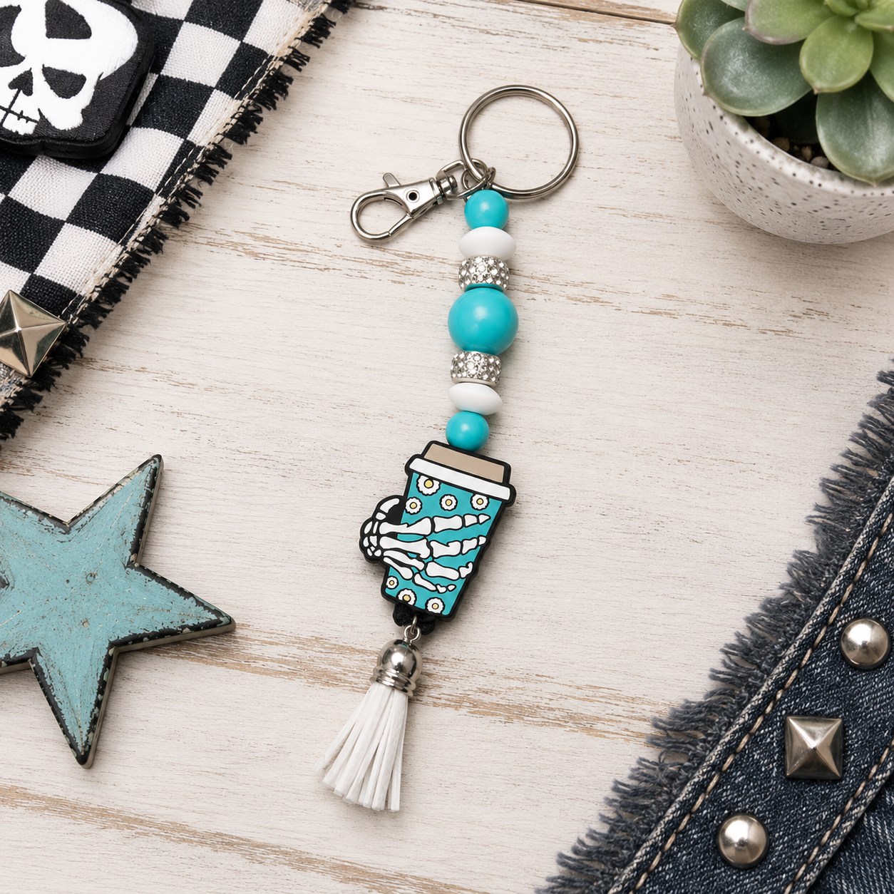 Turquoise & White Skull Hand Coffee Mug Keychain | Handmade Gothic Beaded Keychain | Spooky Coffee Lover Gift | Halloween Bag Charm | Alternative Accessory