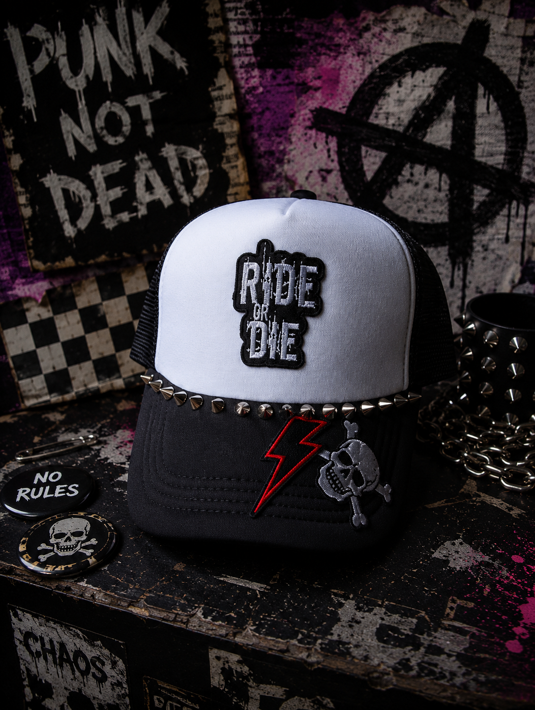 Ride or Die Studded Trucker Hat | Punk Rock Snapback Hat | Black & White Mesh Hat | Handmade Biker Hat | Western Goth Festival Cap | Alternative Streetwear