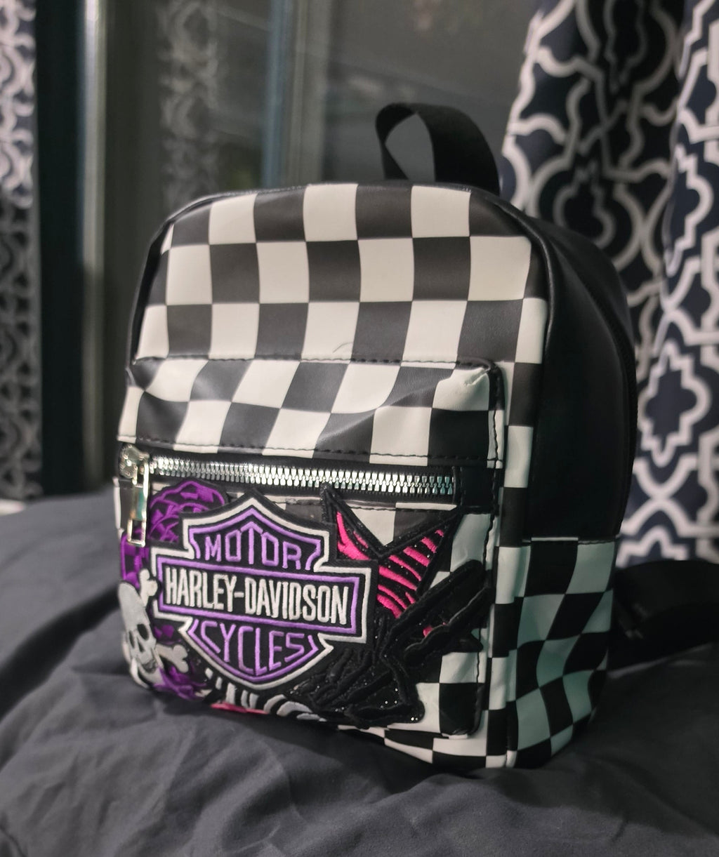 Black & White Checkered Mini Backpack Purse with Purple Embroidered Patch | Punk Rock Backpack | Alternative Style Backpack Purse | Handmade Statement Bag
