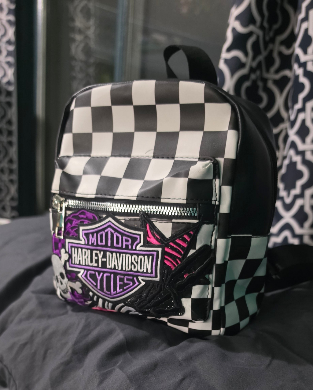 Black & White Checkered Mini Backpack Purse with Purple Embroidered Patch | Punk Rock Backpack | Alternative Style Backpack Purse | Handmade Statement Bag