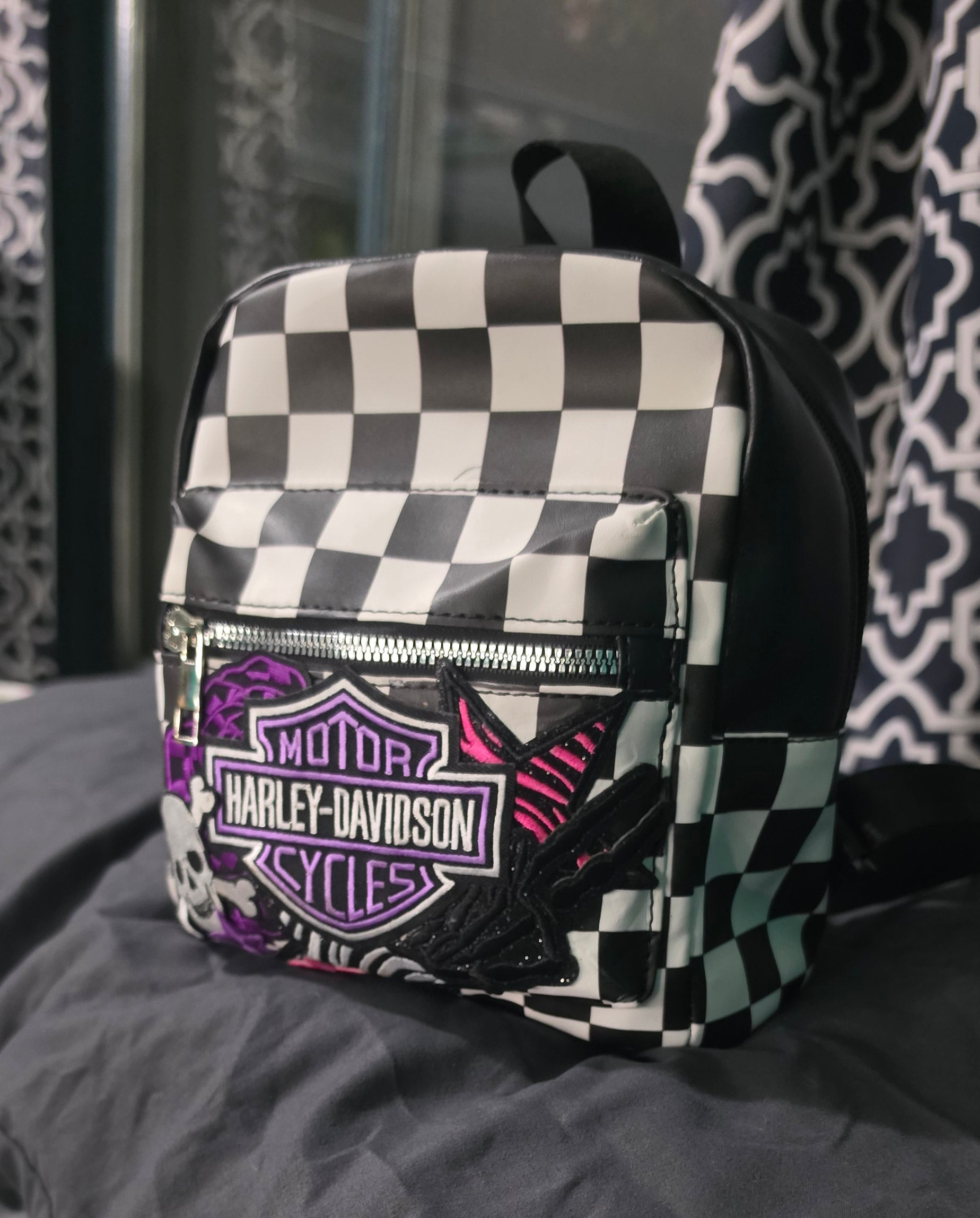 Black & White Checkered Mini Backpack Purse with Purple Embroidered Patch | Punk Rock Backpack | Alternative Style Backpack Purse | Handmade Statement Bag