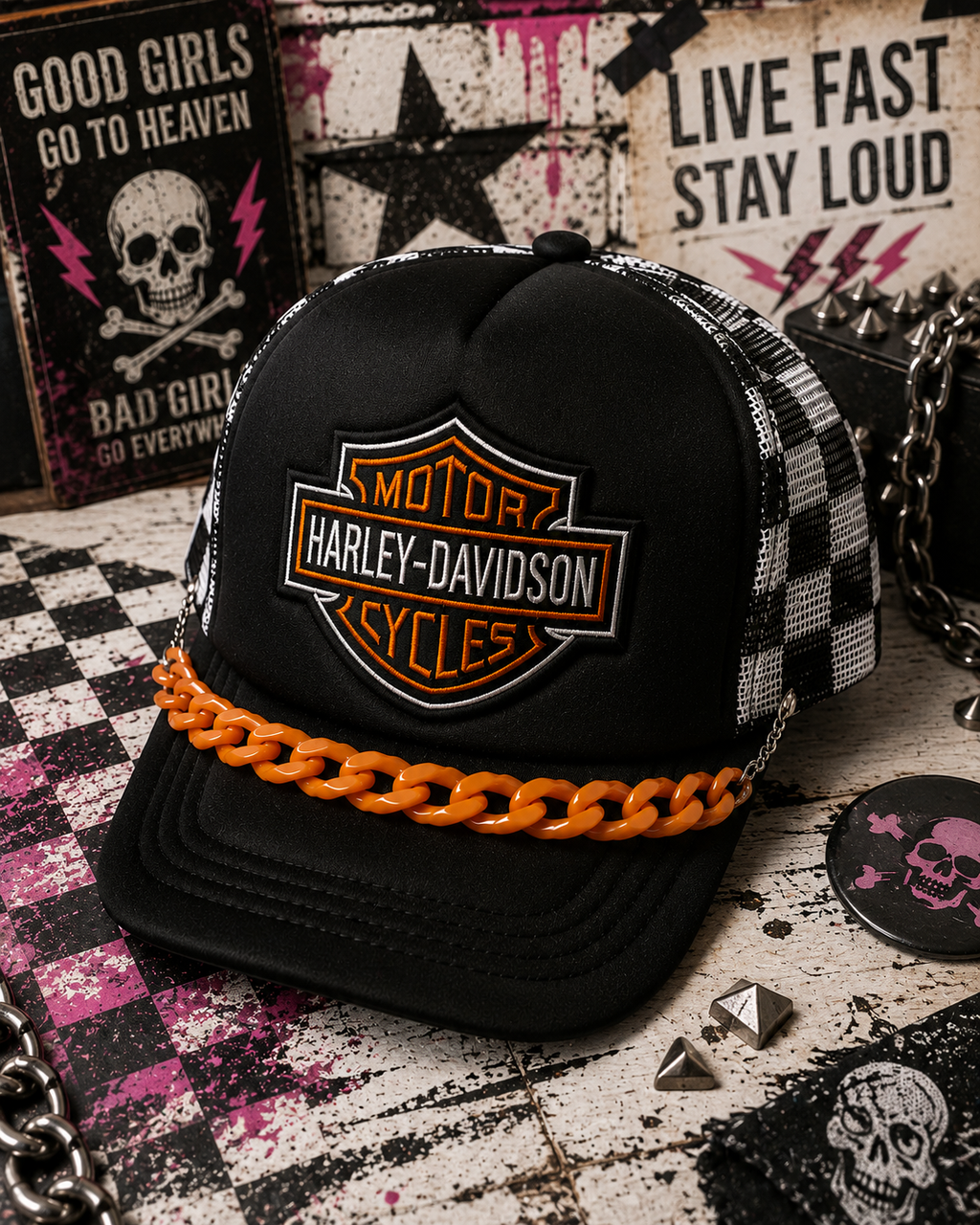 HD Checkered Trucker Hat – Black & White Snapback with Orange Hat Chain, Edgy Biker Hat, Western Streetwear Cap