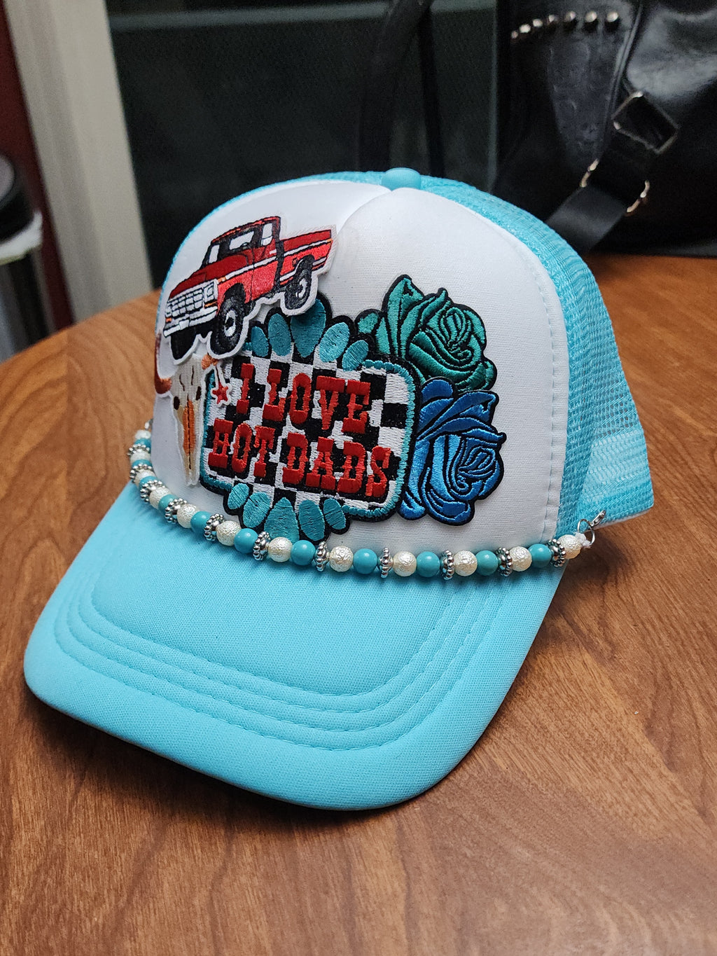 I Love Hot Dads Trucker Hat – Blue & White Western Style Snapback, Funny Patch Hat, Trendy Cowgirl Trucker Cap