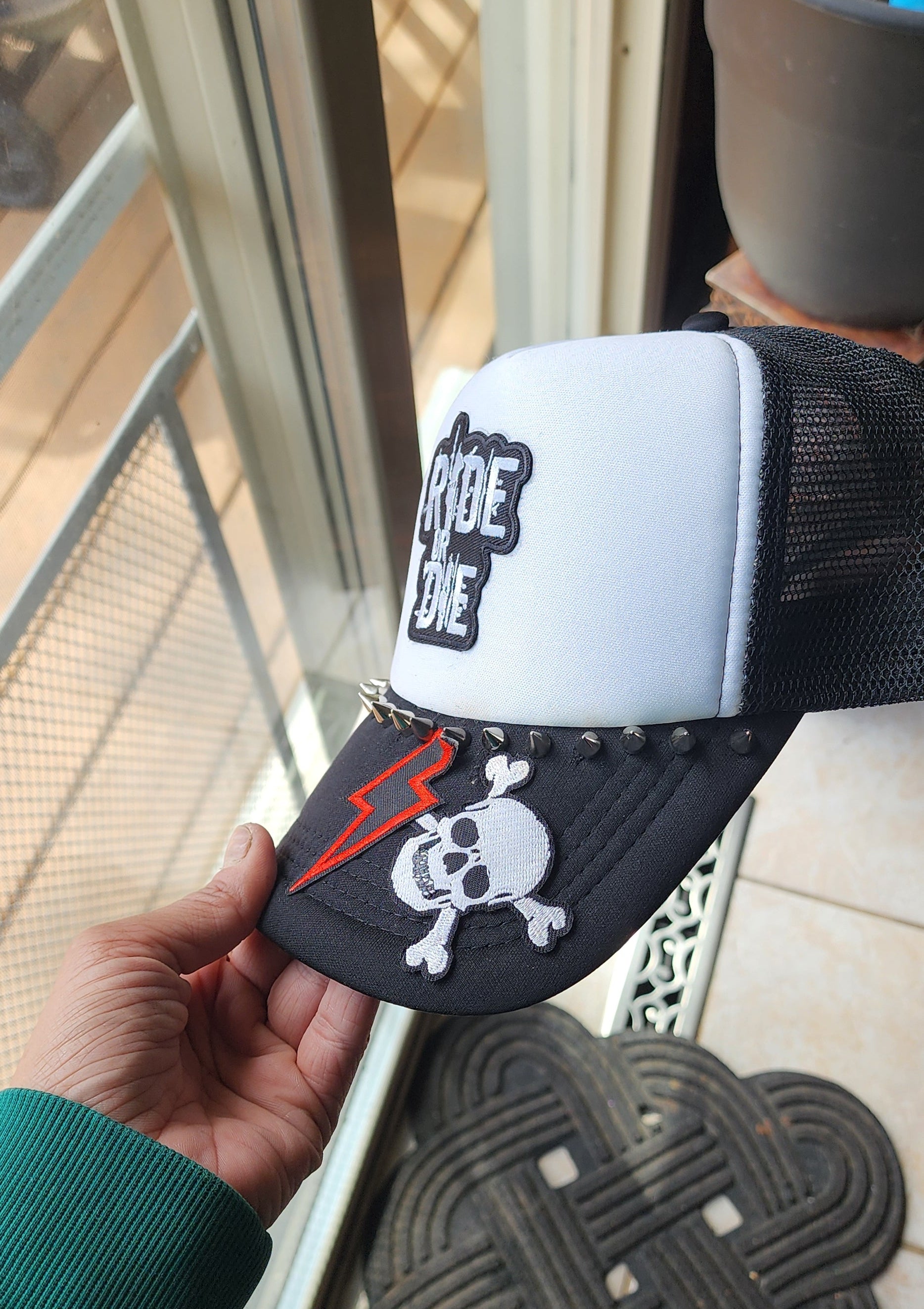 Ride or Die Trucker Hat – Black & White Studded Patch Hat, Edgy Snapback Cap, Biker Western Graphic Trucker Hat