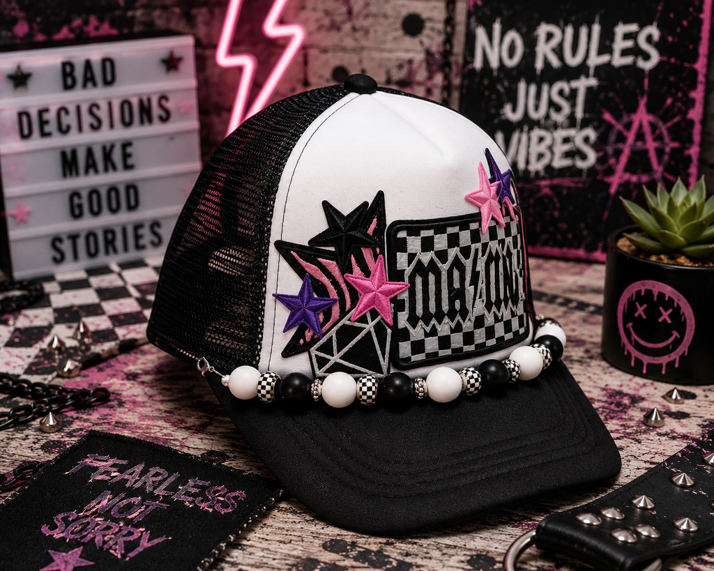 Checkered MAMA Trucker Hat – Retro Vibes Patch Snapback, Black & White Mom Hat, Trendy Checkered Trucker Cap
