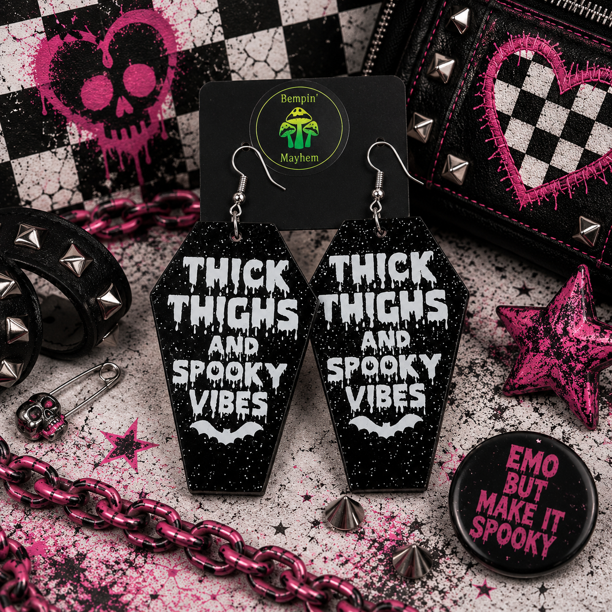 Coffin Halloween Earrings: Thick Thighs Spooky Vibes, Black Acrylic