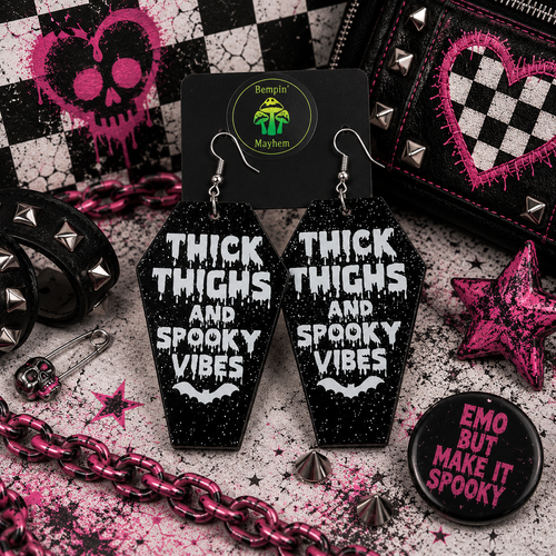 Coffin Halloween Earrings: Thick Thighs Spooky Vibes, Black Acrylic