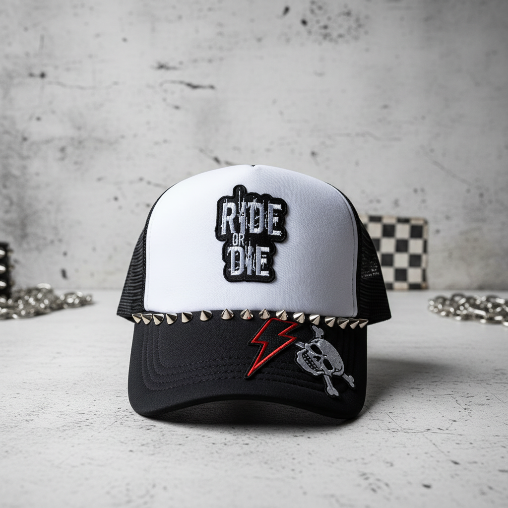 Ride or Die Studded Trucker Hat | Punk Rock Snapback Hat | Black & White Mesh Hat | Handmade Biker Hat | Western Goth Festival Cap | Alternative Streetwear