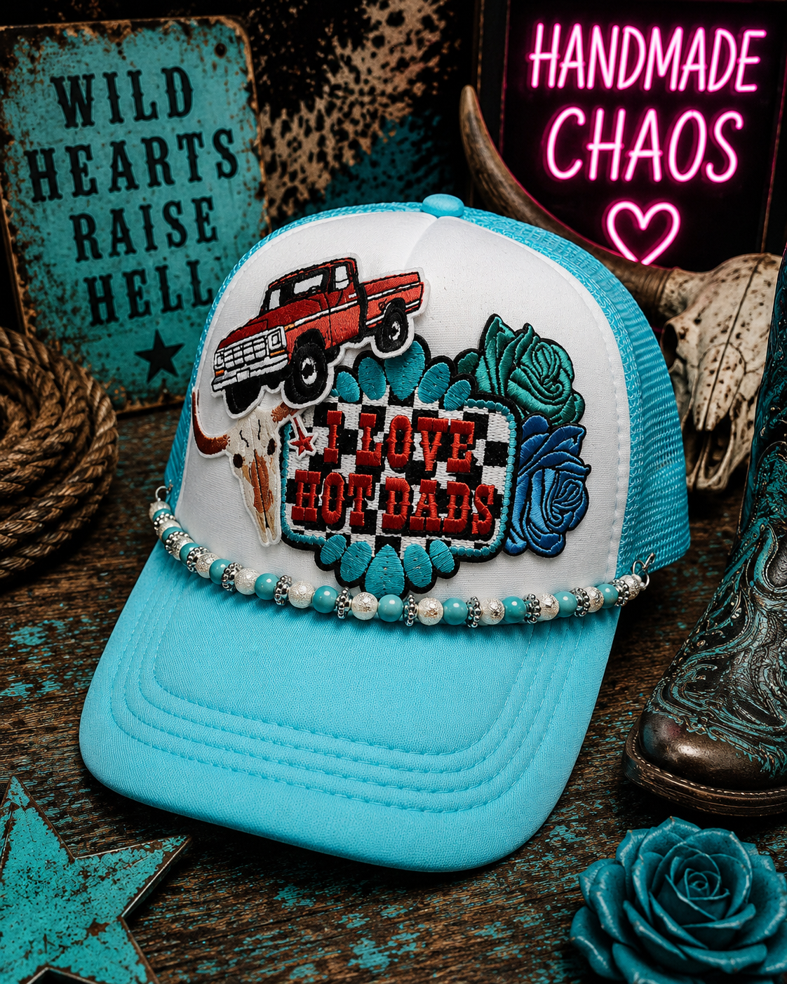 I Love Hot Dads Trucker Hat – Blue & White Western Style Snapback, Funny Patch Hat, Trendy Cowgirl Trucker Cap