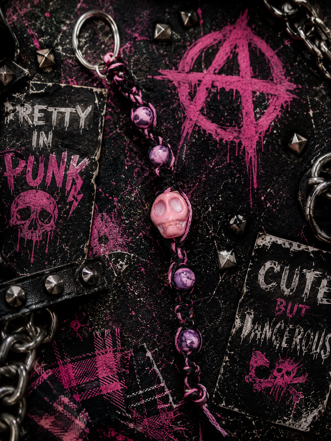 Pastel Goth Skull Keychain | Pink & Black Hemp Keychain | Creepy Kawaii Bag Charm | Soft Punk Accessory | Alternative Gift for Her