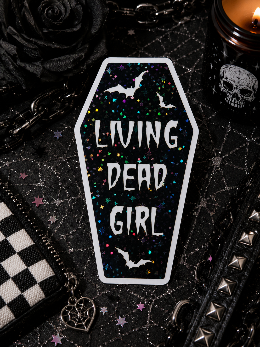 Living Dead Girl Coffin Vinyl Sticker | Gothic Waterproof Coffin Decal | Spooky Halloween Sticker