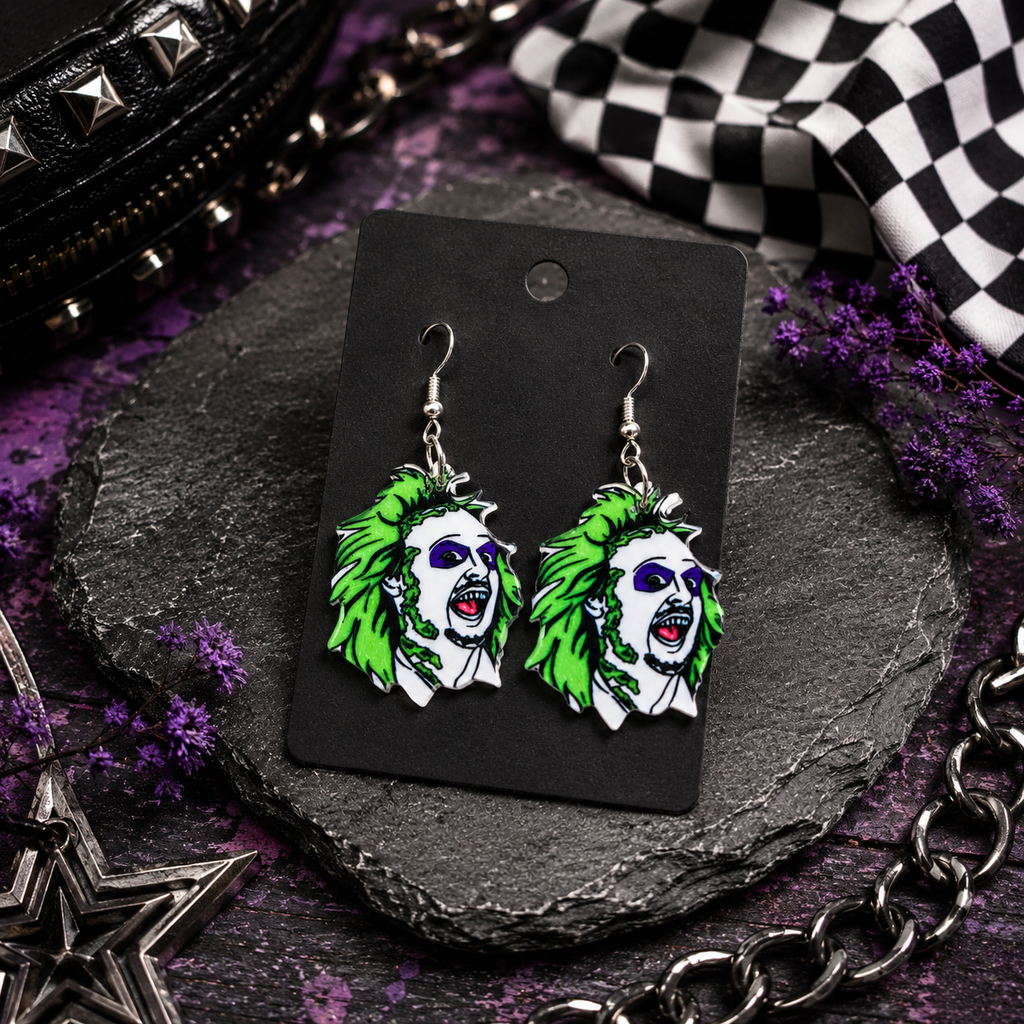 Spooky Ghost Acrylic Earrings | Handmade Halloween Dangle Earrings | Green & Black Goth Jewelry | Lightweight Alternative Earrings