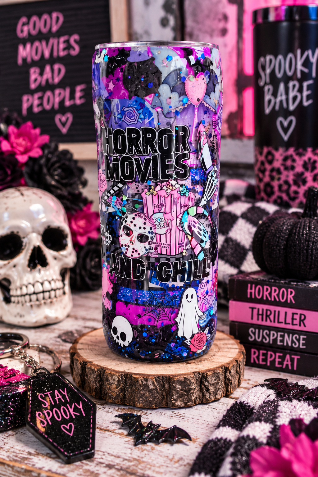 Horror Movies & Chill Tumbler – Handmade Glitter Epoxy Horror Movie Cup | Spooky Gothic Drinkware | Horror Lover Gift