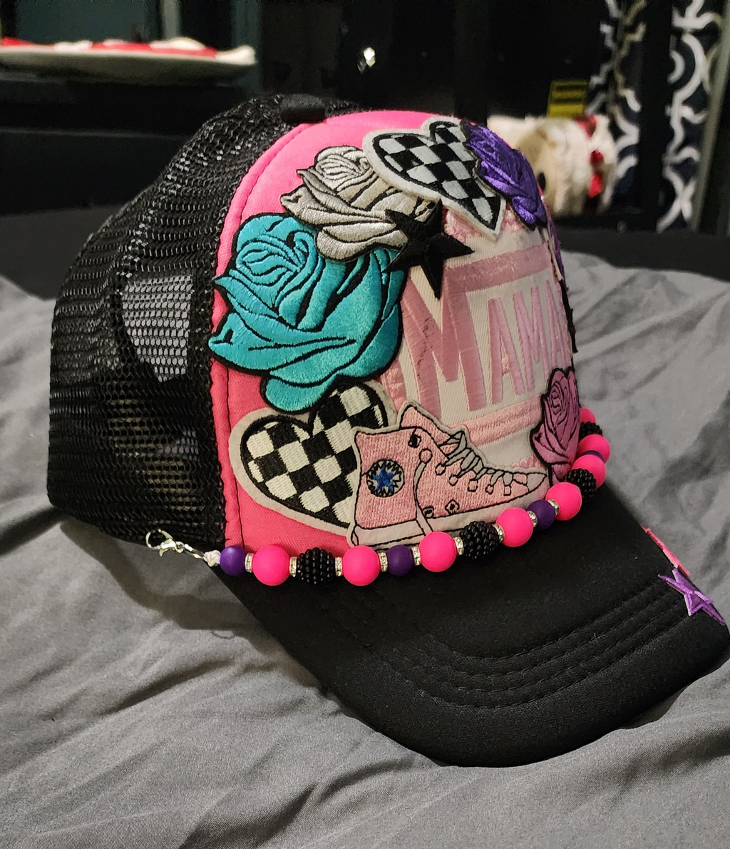 Mama Trucker Hat – Pink & Black Mesh Snapback Cap, Trendy Mom Hat, Cute Western Streetwear Trucker Hat