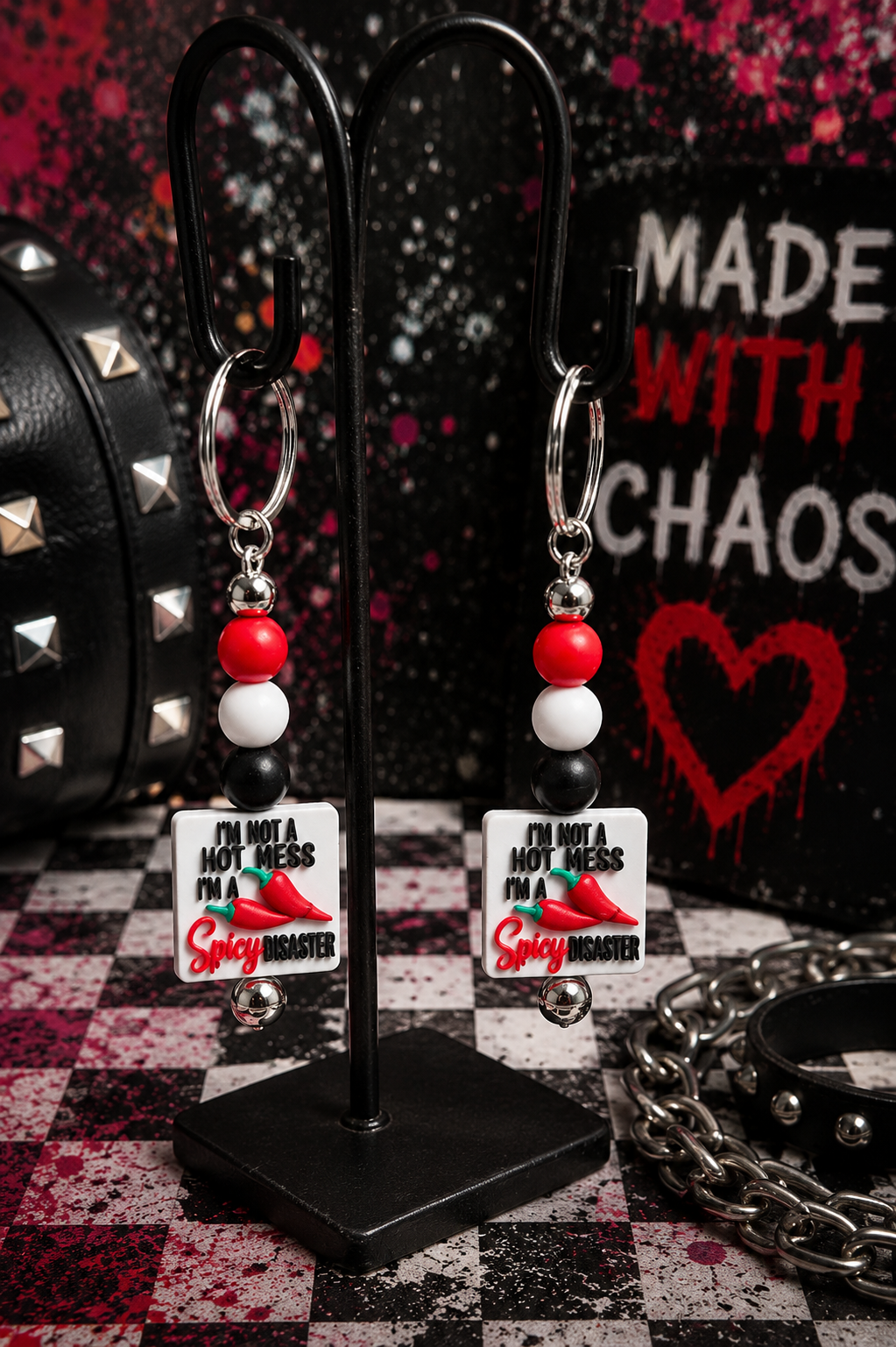 I'm Not a Hot Mess, I'm a Spicy Disaster Handmade Beaded Keychain | Funny Sarcastic Gift | Black, White & Red Silicone Bead Keychain
