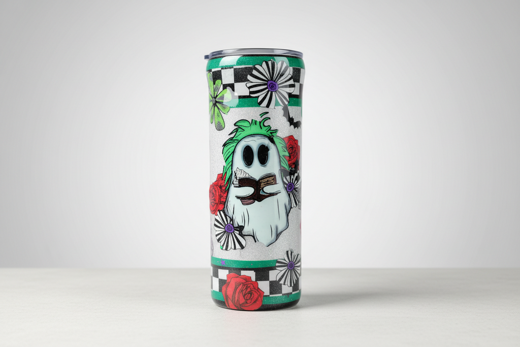 Cute Ghost Glitter Tumbler 20oz – Silver Sparkle Epoxy Cup – Spooky Cute Halloween Coffee Mug – Handmade Stainless Steel Travel Cup