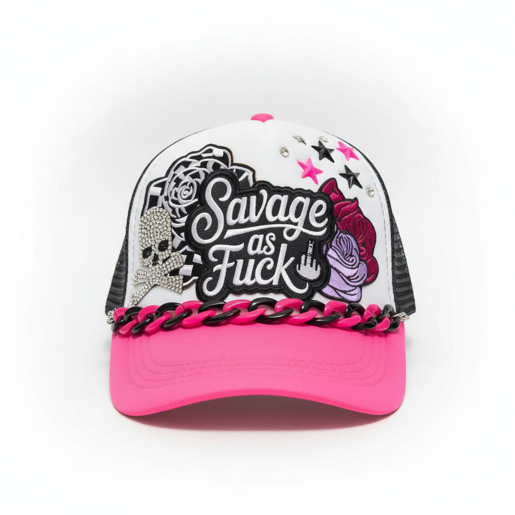 Savage As F*** Trucker Hat – Pink Black & White Snapback with Hat Chain, Sassy Patch Hat, Edgy Biker Babe Cap