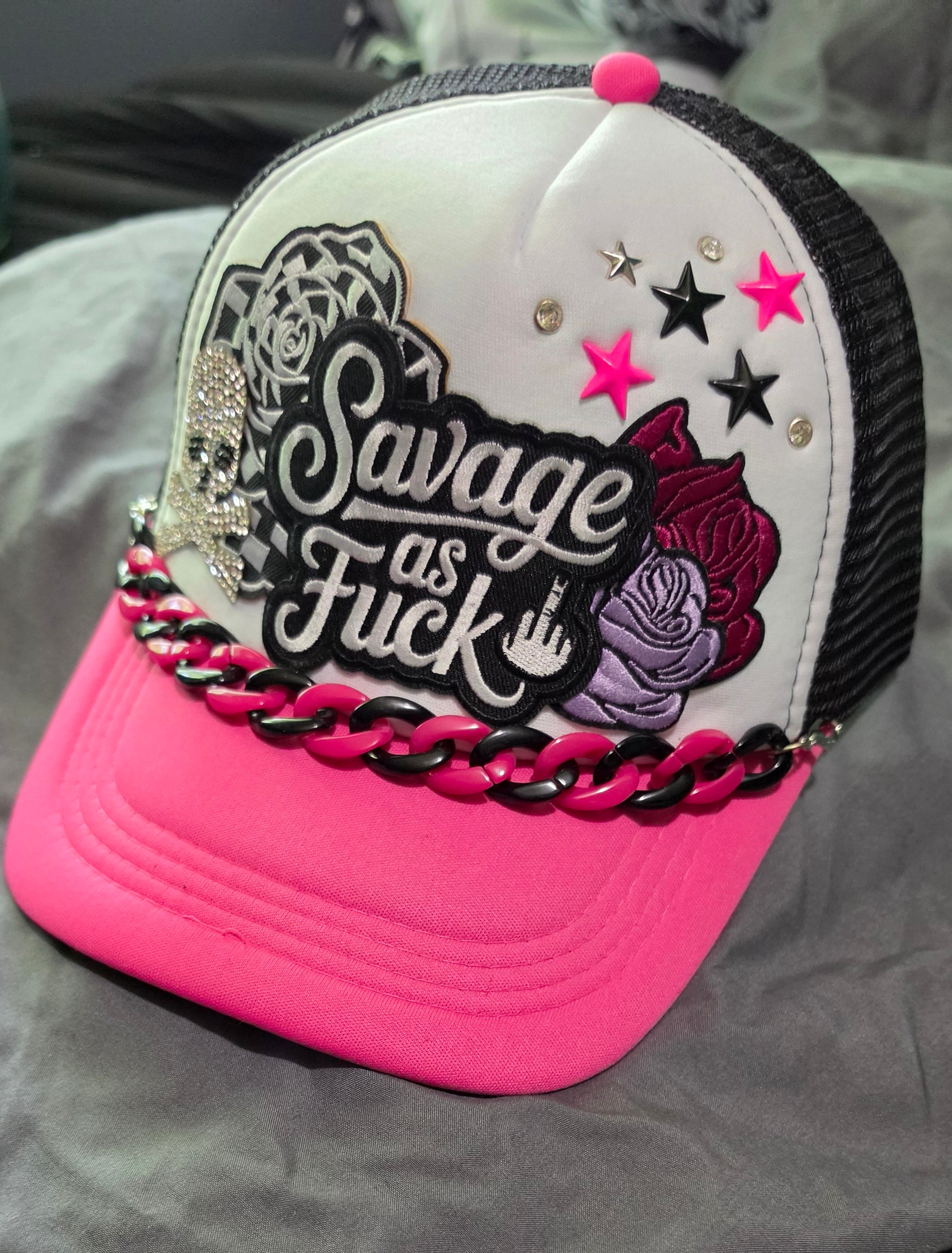 Savage As F*** Trucker Hat – Pink Black & White Snapback with Hat Chain, Sassy Patch Hat, Edgy Biker Babe Cap