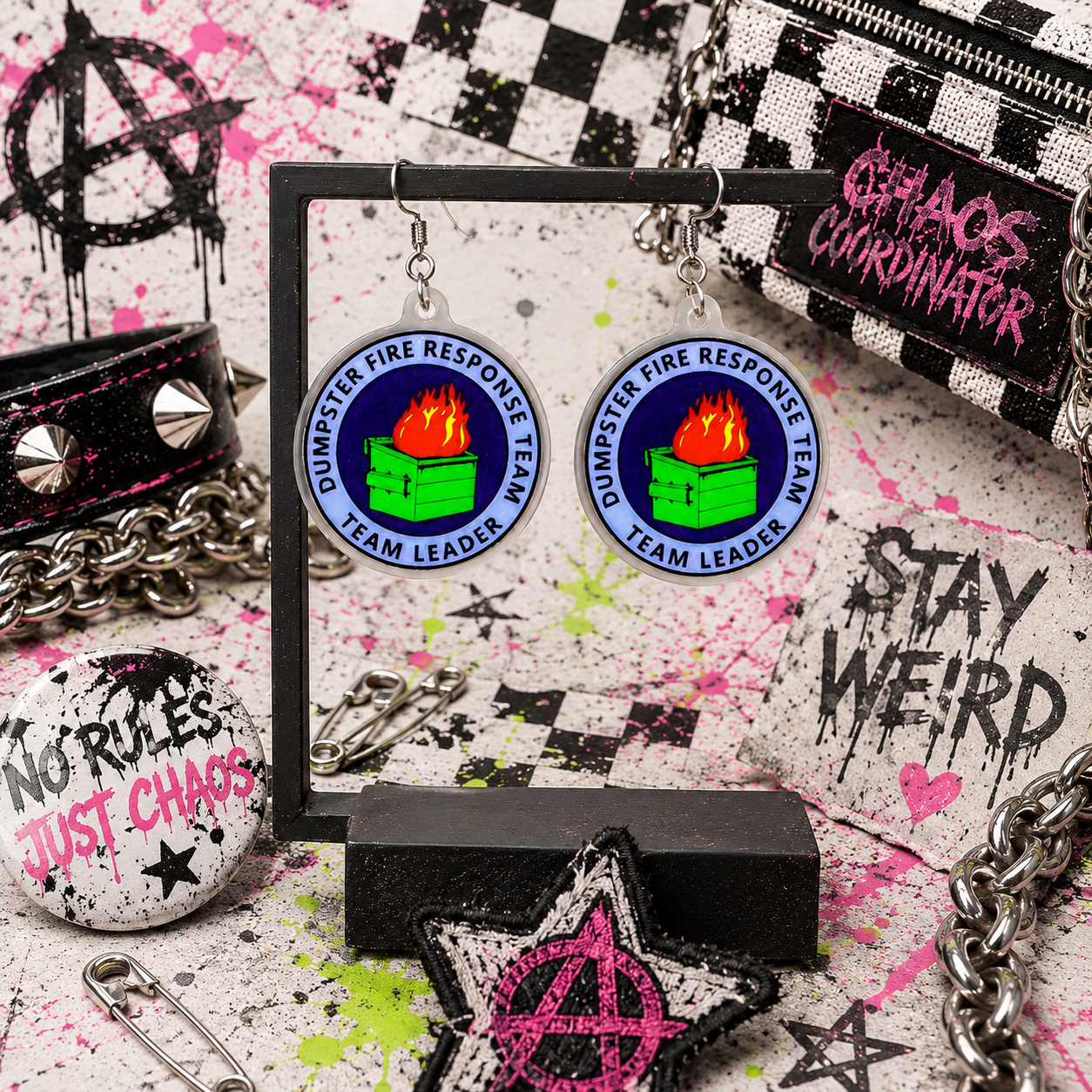 Dumpster Fire Response Team Earrings | Funny Dumpster Fire Dangle Earrings | Handmade Acrylic Statement Jewelry
