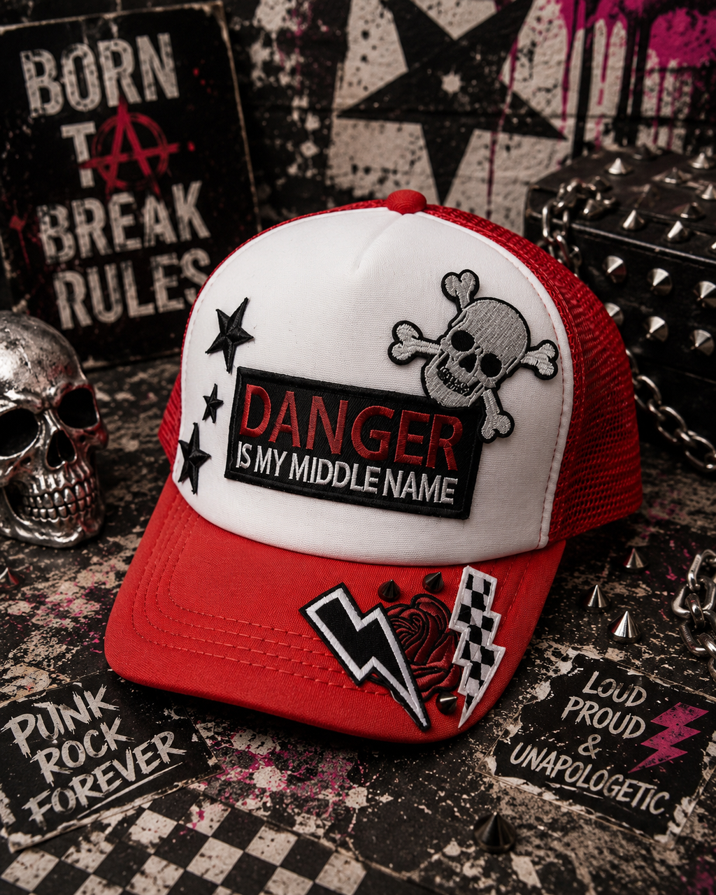 Danger Is My Middle Name Trucker Hat – Red & White Patch Snapback, Edgy Graphic Trucker Cap, Retro Western Biker Hat
