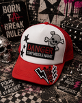 Danger Is My Middle Name Trucker Hat – Red & White Patch Snapback, Edgy Graphic Trucker Cap, Retro Western Biker Hat