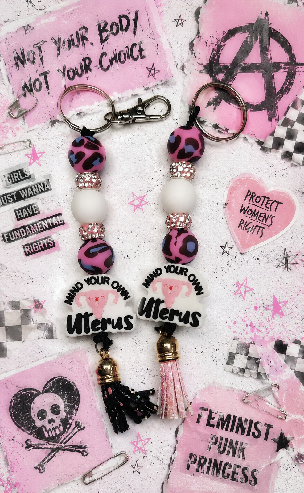 Mind Your Own Uterus Pink & White Beaded Keychain | Feminist Gift | Body Autonomy Accessory | Handmade Statement Keychain